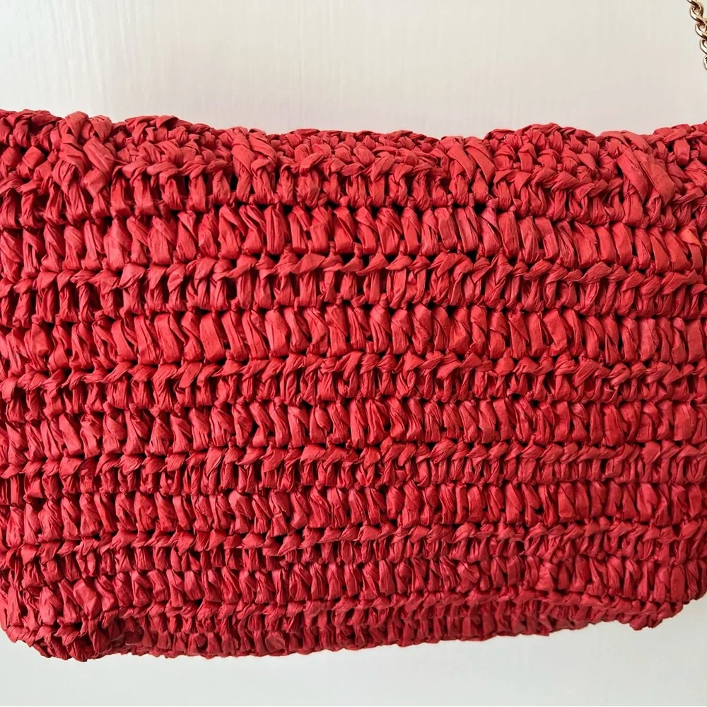 J. Crew Red Woven Scalloped Clutch with Chain - Picture 8 of 9